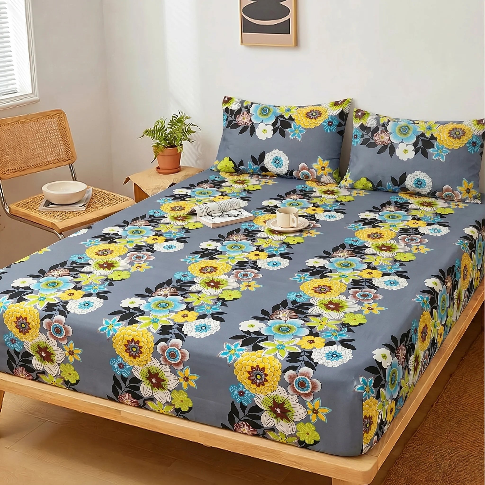 Marigold & Azure Bloom Premium Fitted Sheet Set