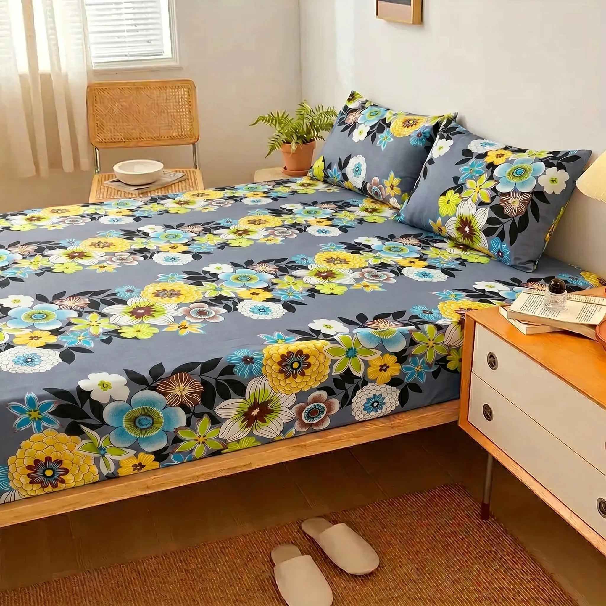 Marigold & Azure Bloom Premium Fitted Sheet Set