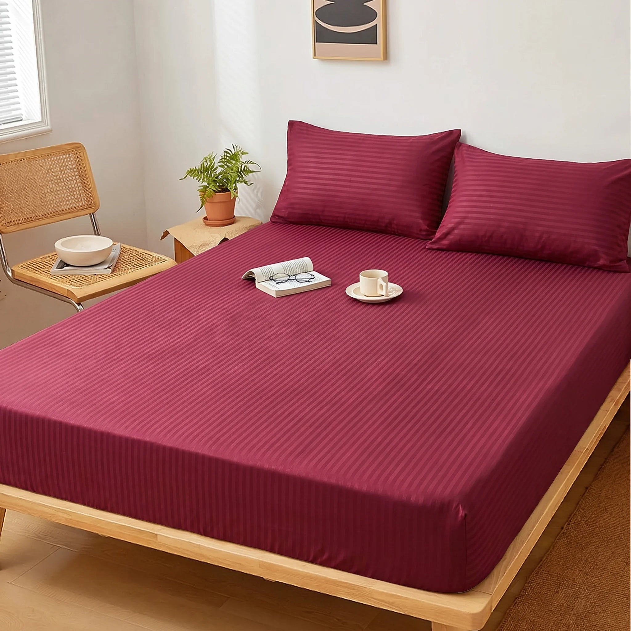 Maroon Berry Dyed Stripe Fitted Sheet Set