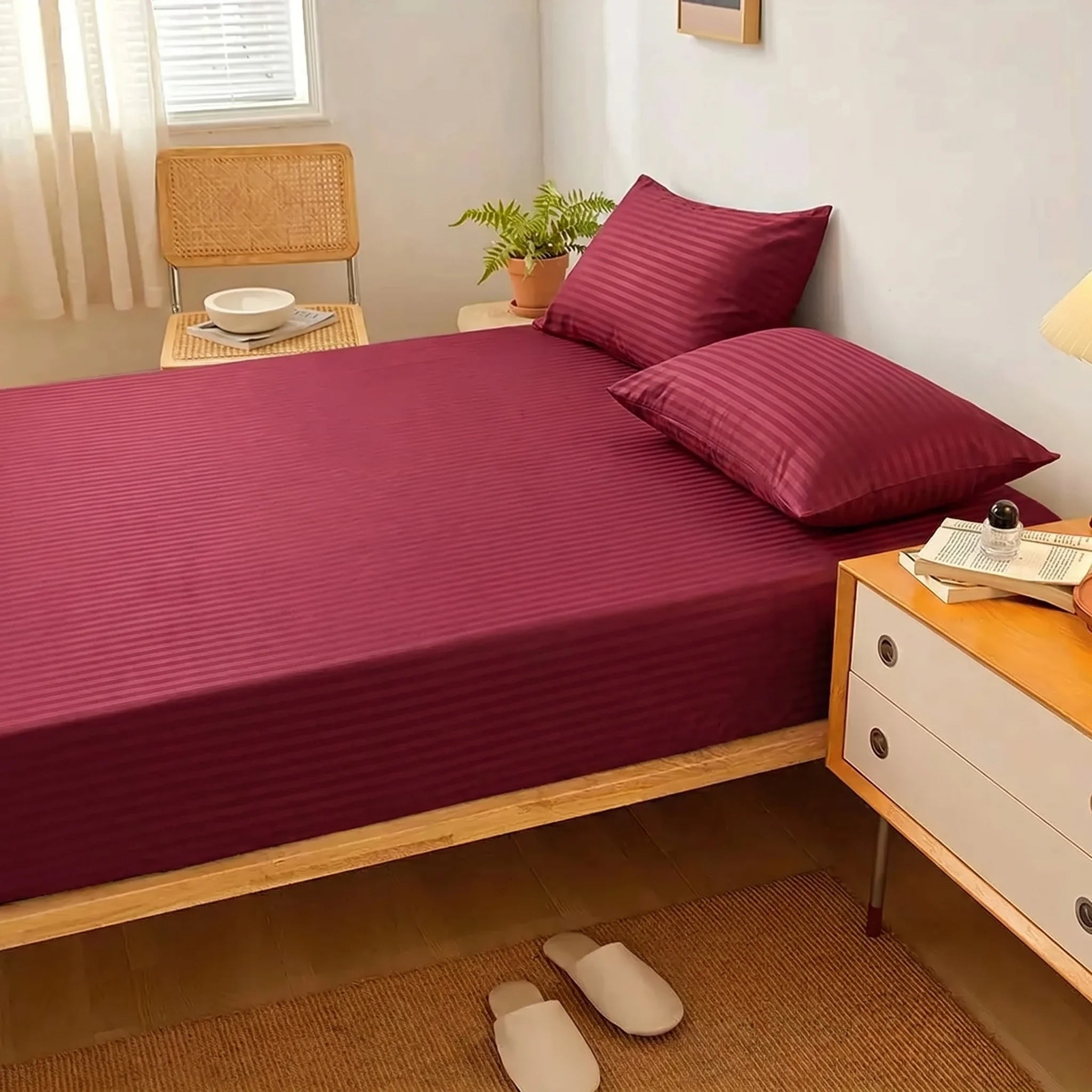 Maroon Berry Dyed Stripe Fitted Sheet Set