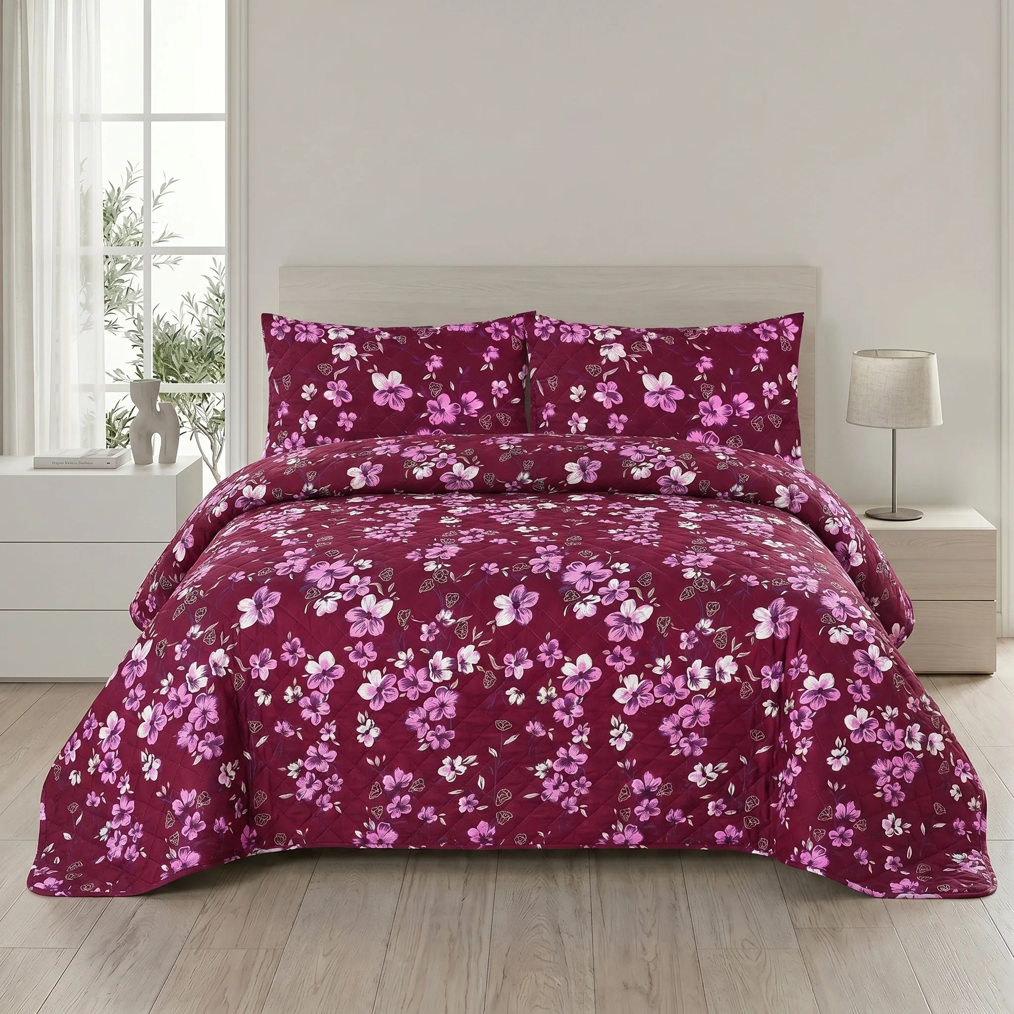 Maroon Floral Bed Spread Set — 3 PCS