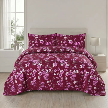 Maroon Floral Bed Spread Set — 3 PCS