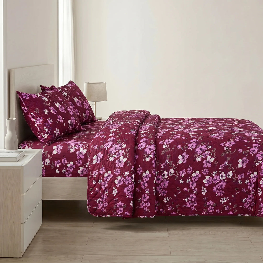 Maroon Floral Bed Spread Set — 3 PCS