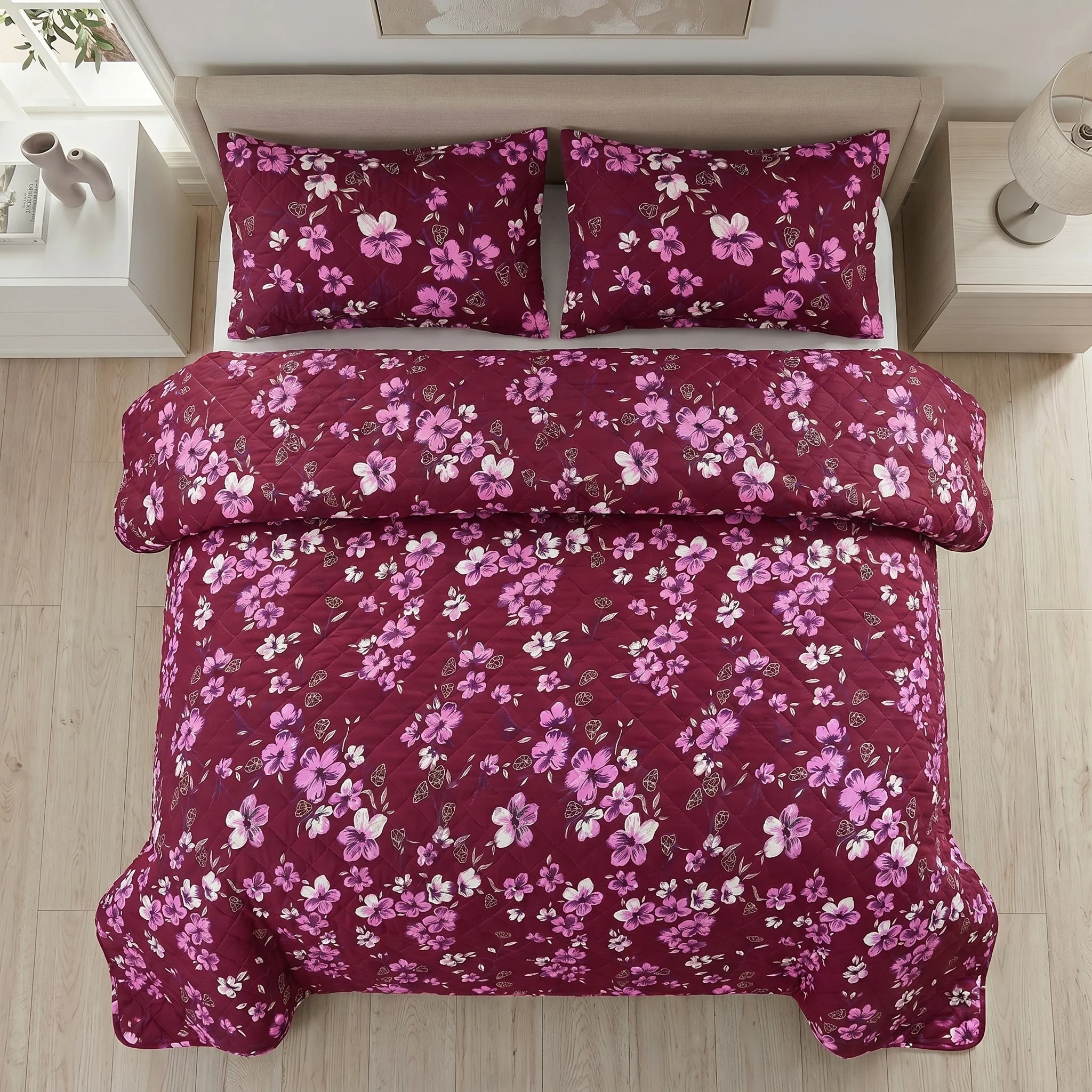 Maroon Floral Bed Spread Set — 3 PCS