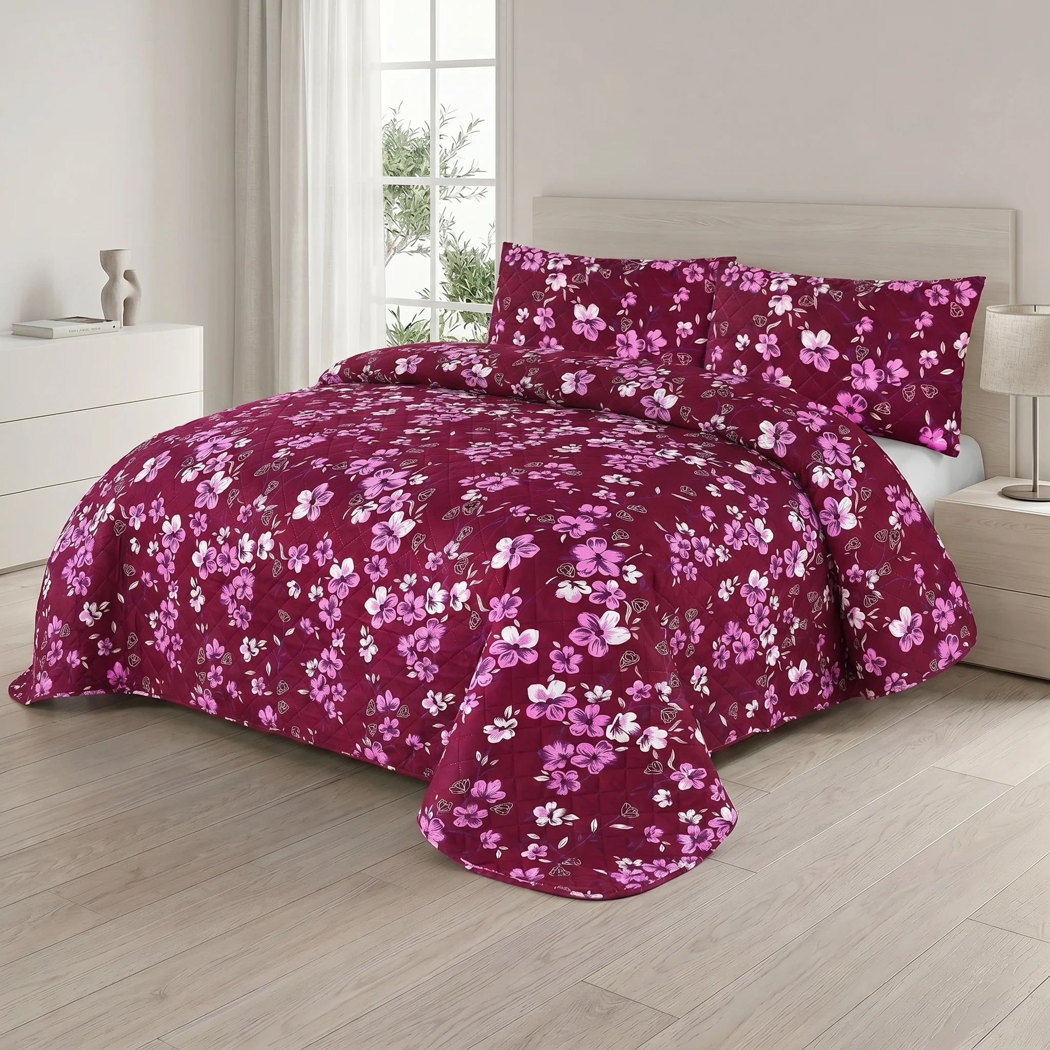 Maroon Floral Bed Spread Set — 3 PCS
