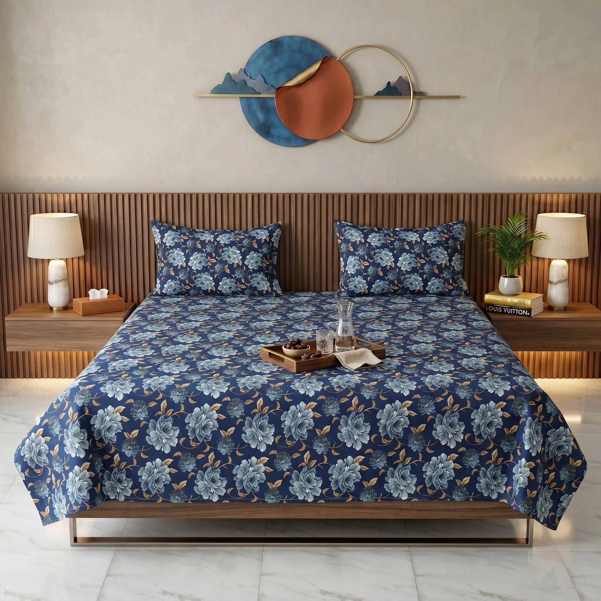 Blue Floral Micro Cotton Bedsheet Set