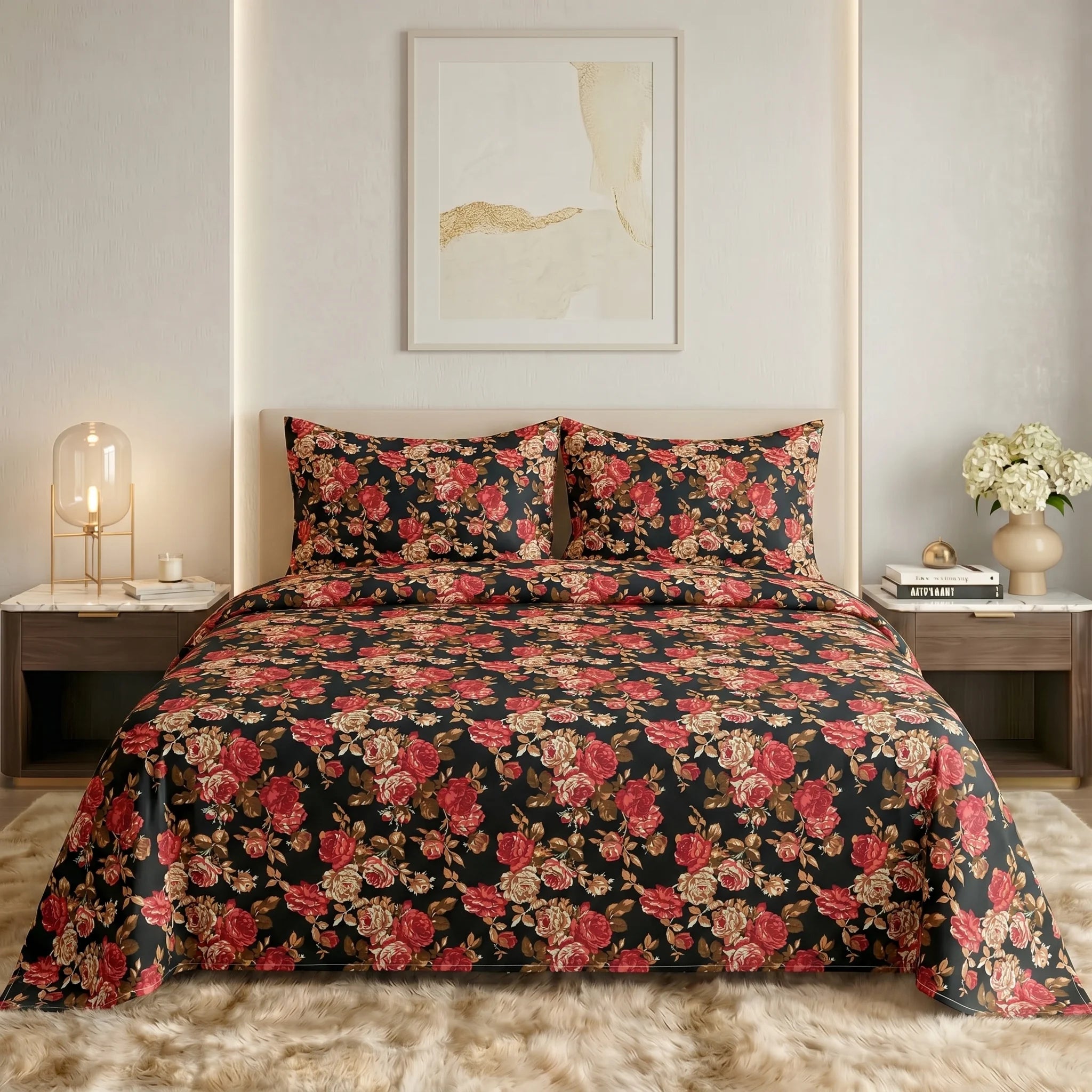 Midnight Rose Garden Premium Cotton Bedsheet