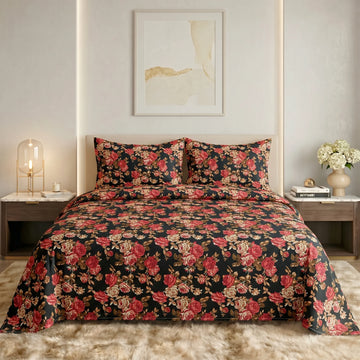 Midnight Rose Garden Premium Cotton Bedsheet