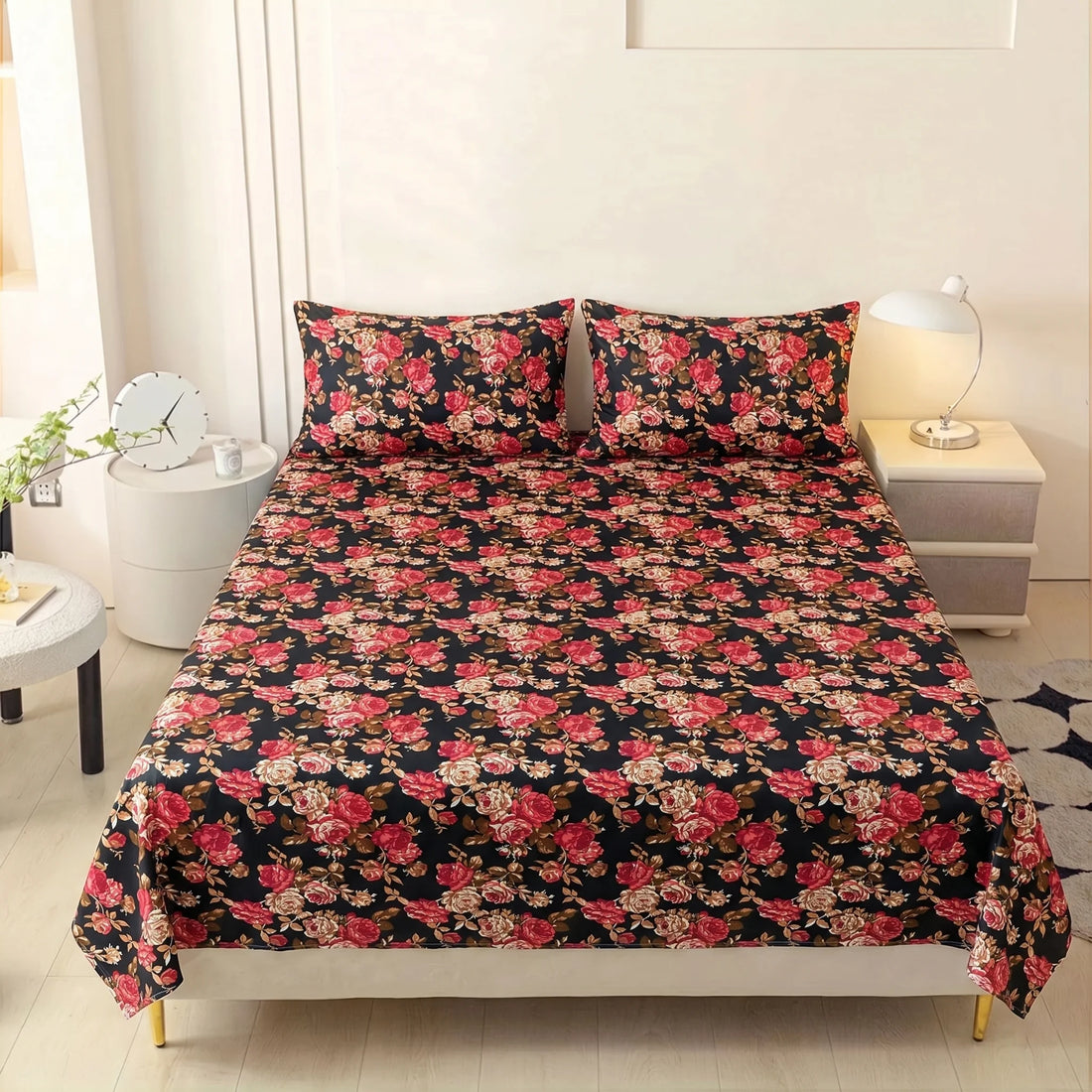 Midnight Rose Garden Premium Cotton Bedsheet