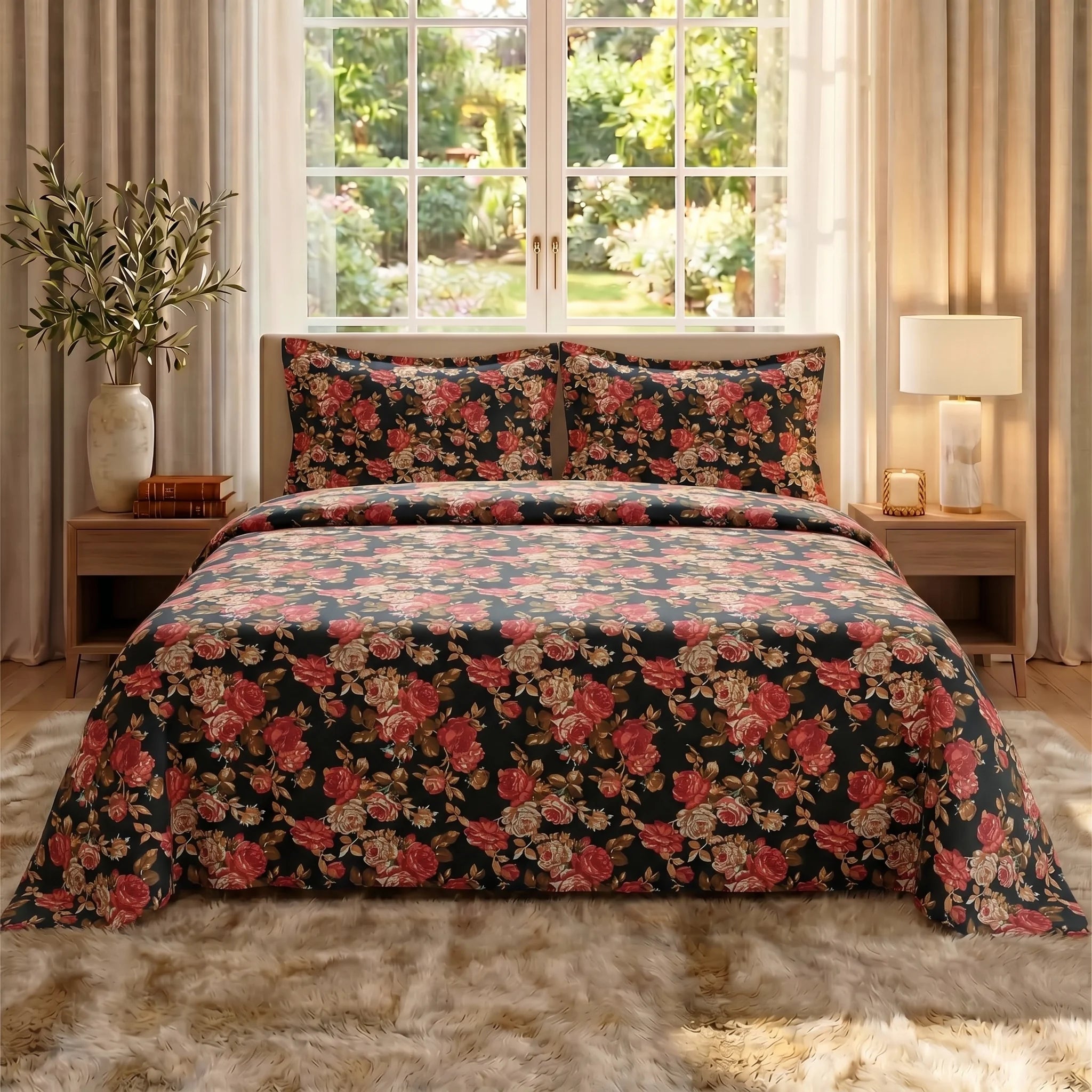 Midnight Rose Garden Premium Cotton Bedsheet