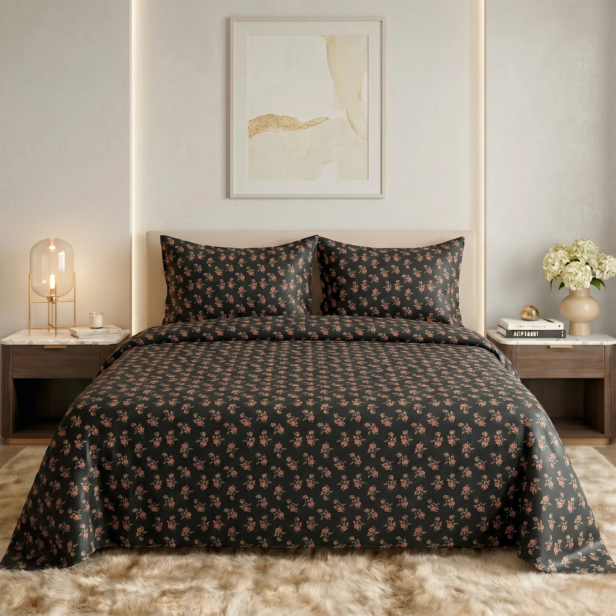 Midnight Rosebud Premium Cotton Bedsheet