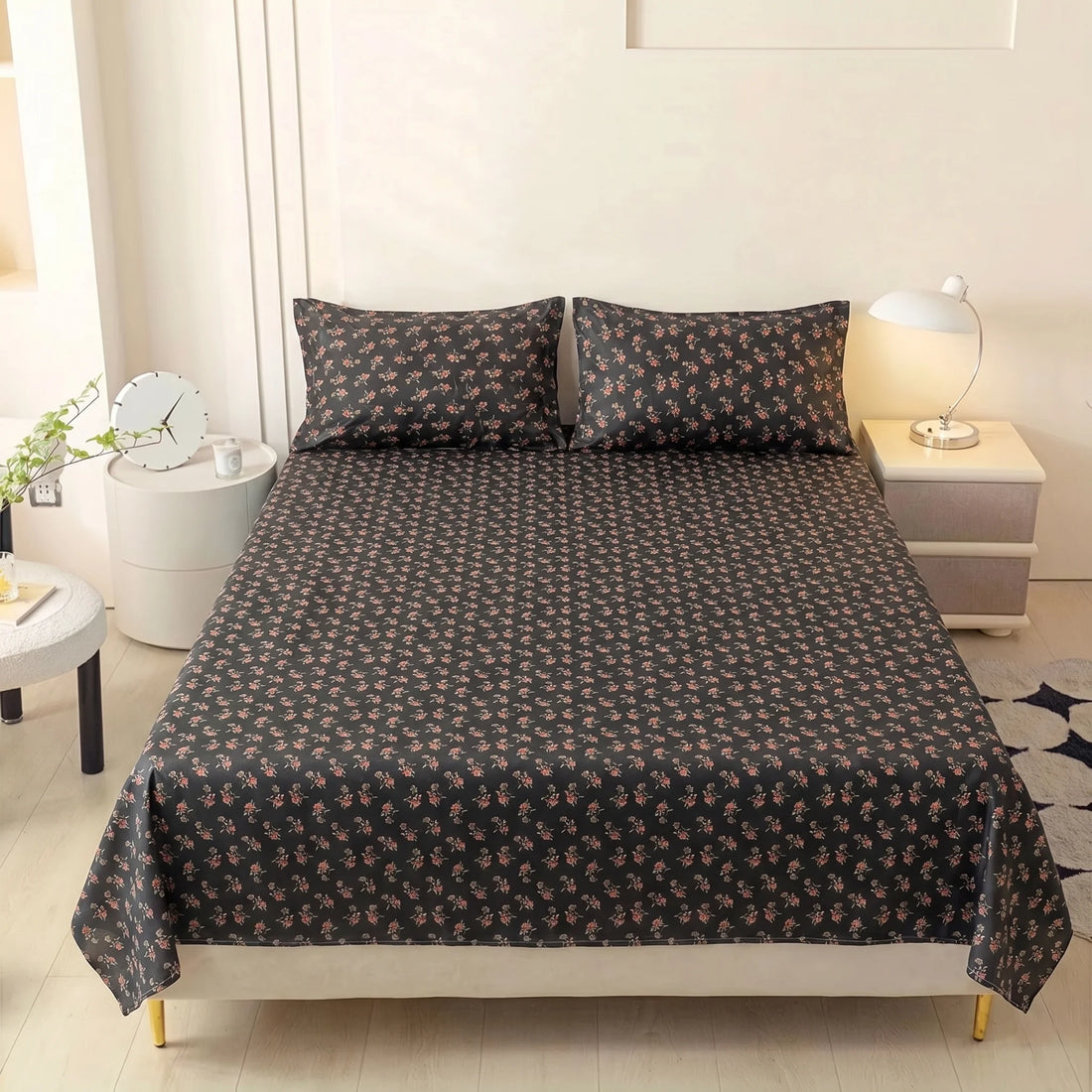 Midnight Rosebud Premium Cotton Bedsheet