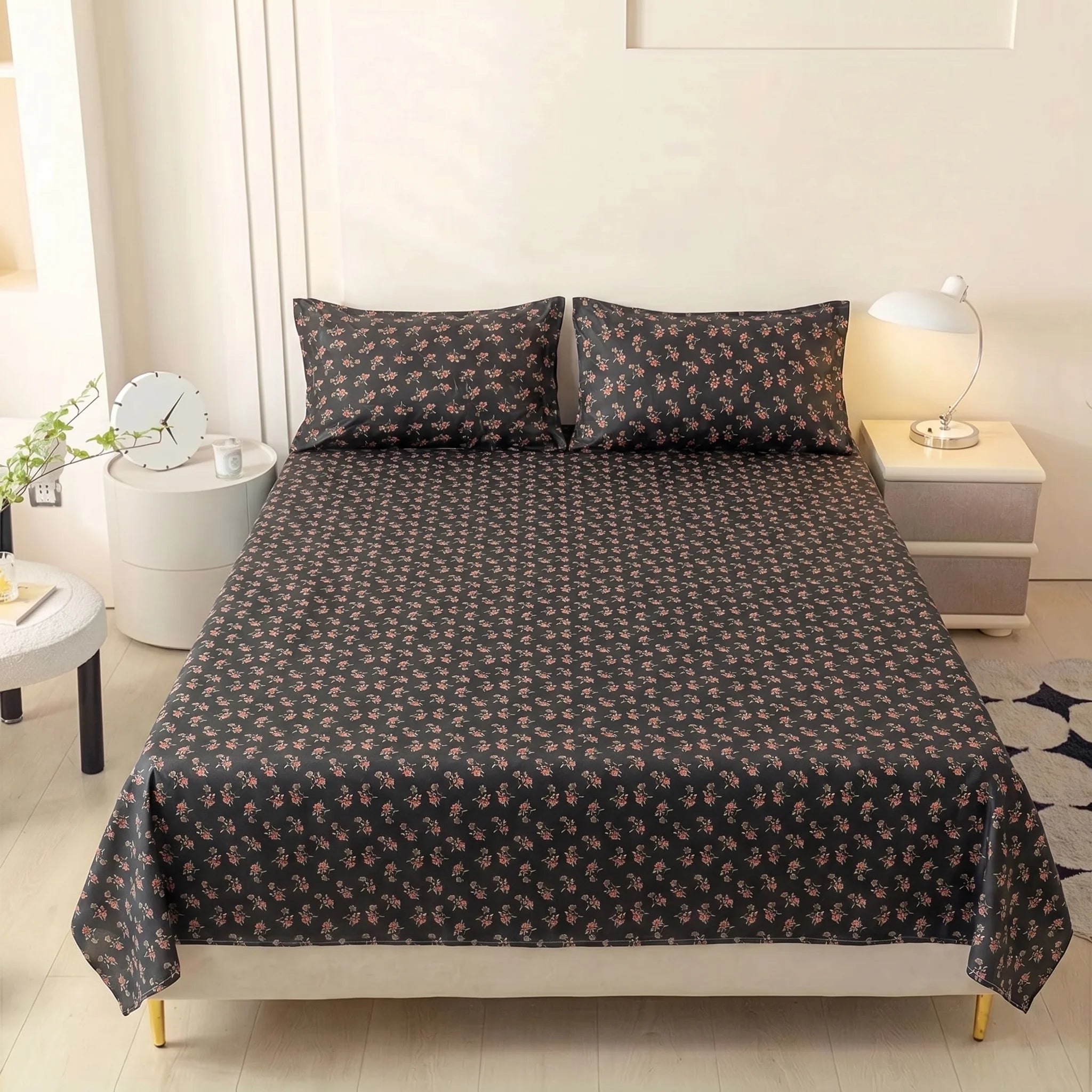 Midnight Rosebud Premium Cotton Bedsheet