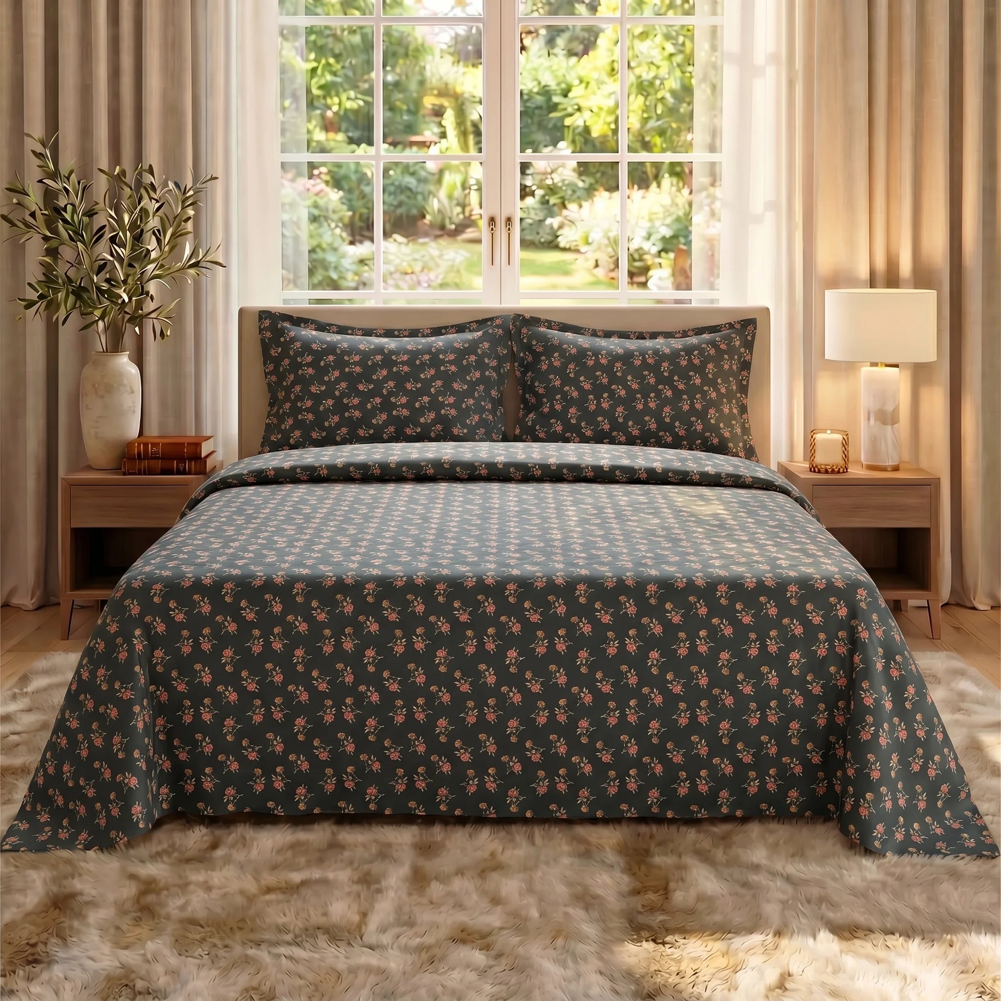 Midnight Rosebud Premium Cotton Bedsheet
