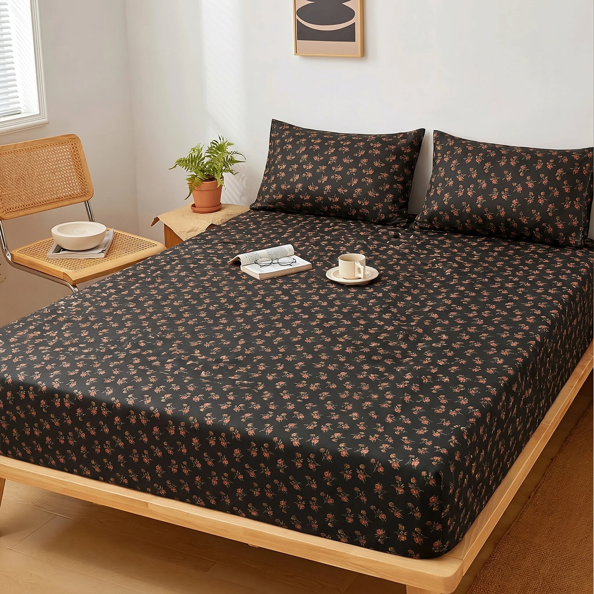 Midnight Rosebud Premium Fitted Sheet Set