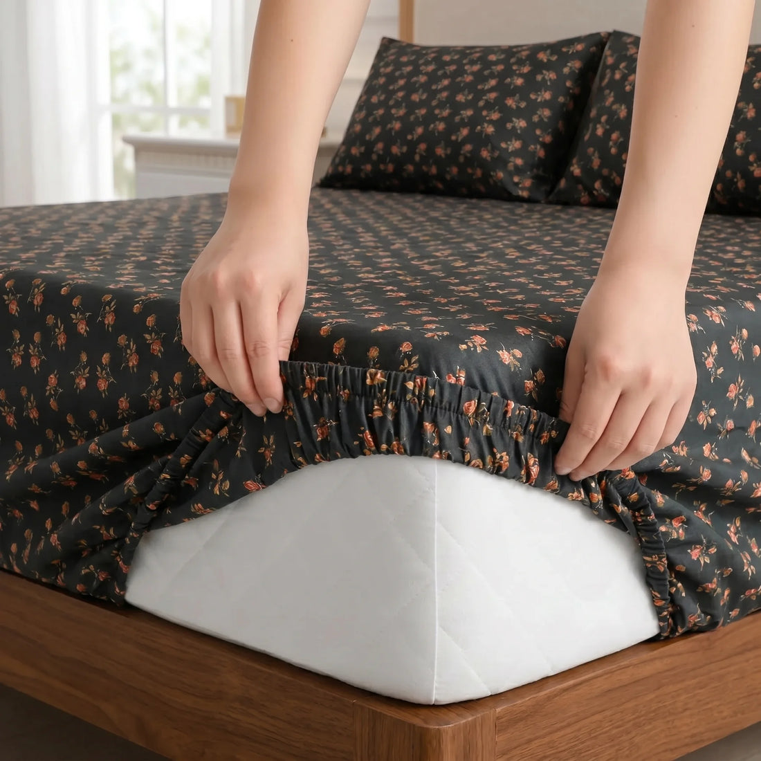 Midnight Rosebud Premium Fitted Sheet Set