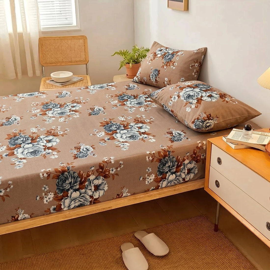 Mocha Bloom Printed Fitted Sheet Set