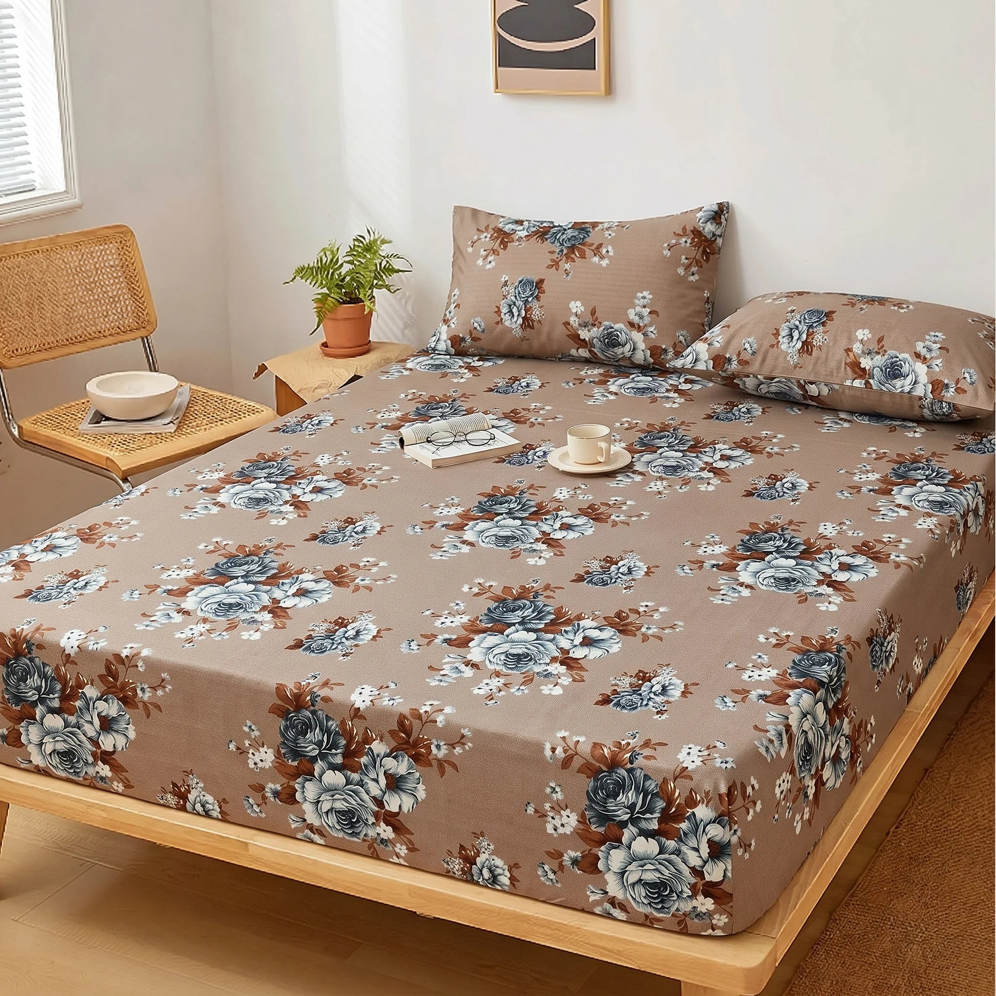 Mocha Bloom Printed Fitted Sheet Set