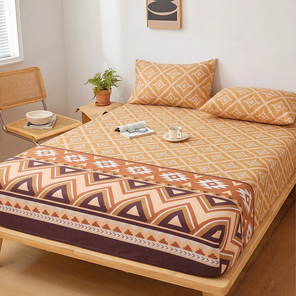 Mustard Ochre Tribal Fitted Sheet Set — Pure Cotton