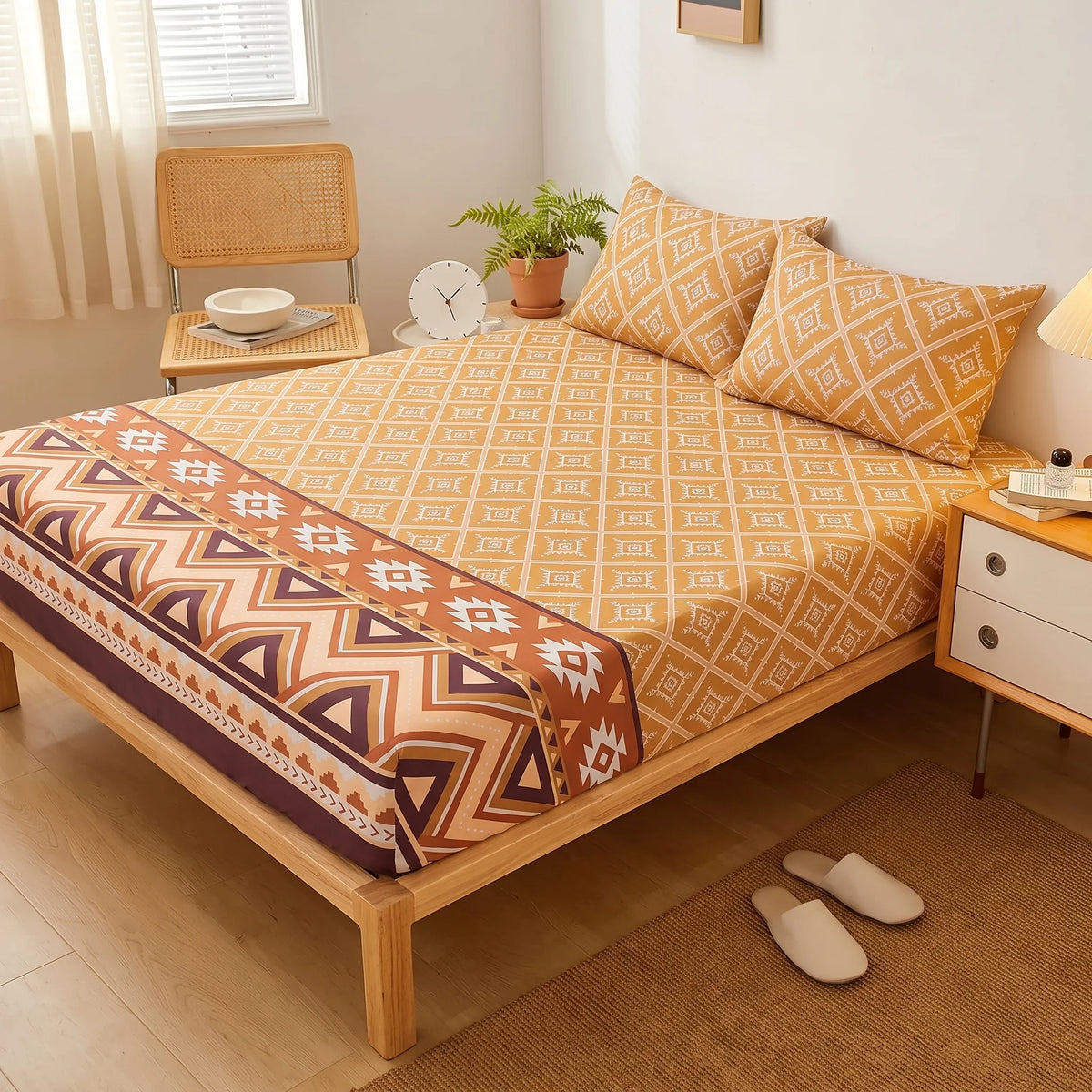Mustard Ochre Tribal Fitted Sheet Set — Pure Cotton