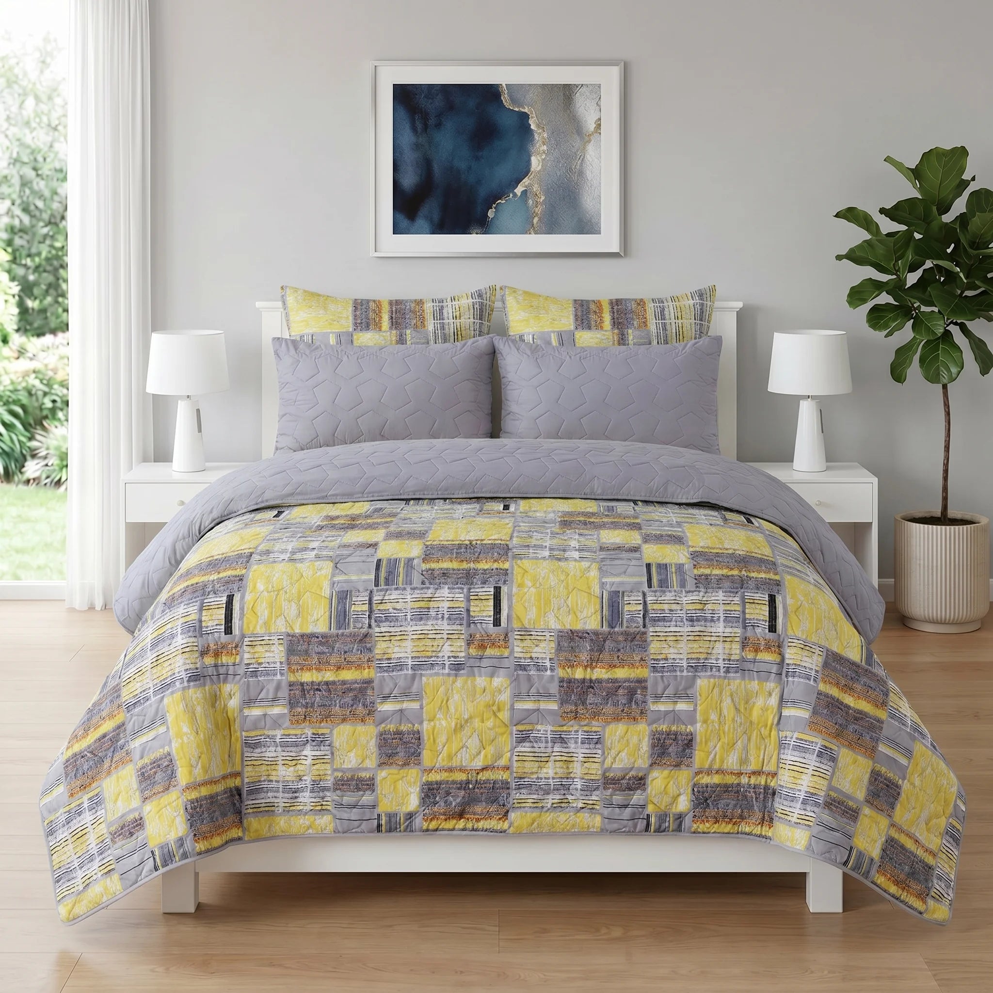 Mustard & Grey Abstract Bed Spread Set — 6 PCS