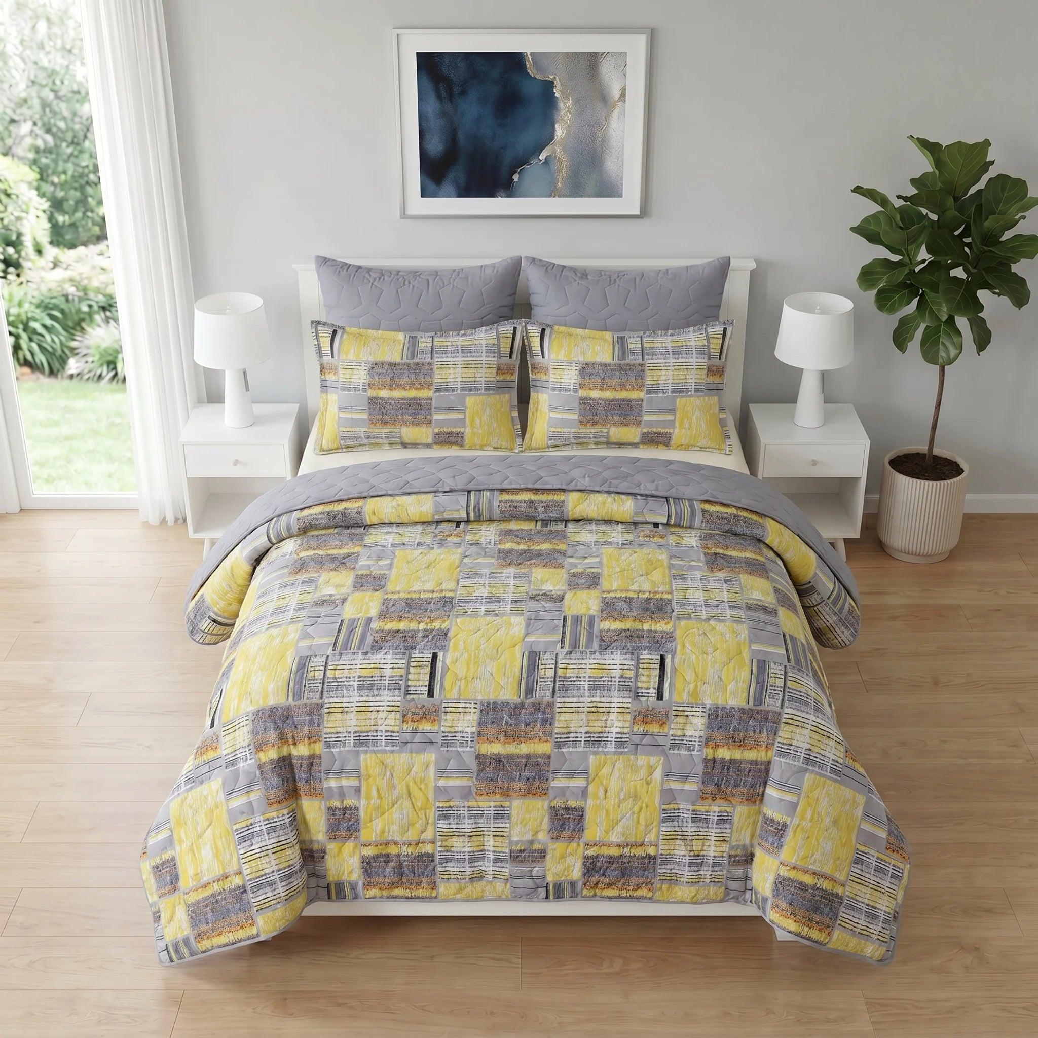 Mustard & Grey Abstract Bed Spread Set — 6 PCS