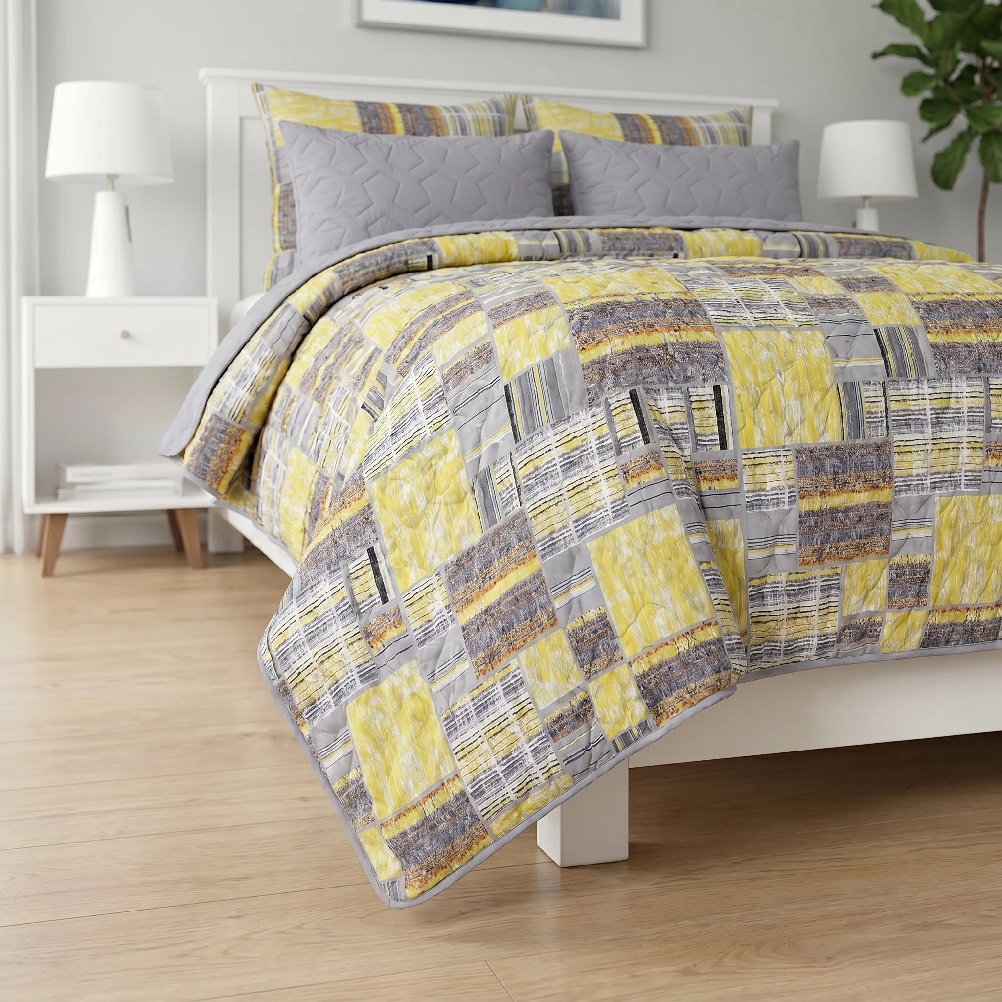 Mustard & Grey Abstract Bed Spread Set — 6 PCS