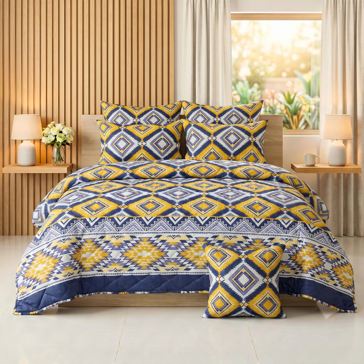 Mustard & Navy Diamond Comforter Set — 8 PCS