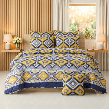Mustard & Navy Diamond Comforter Set — 8 PCS