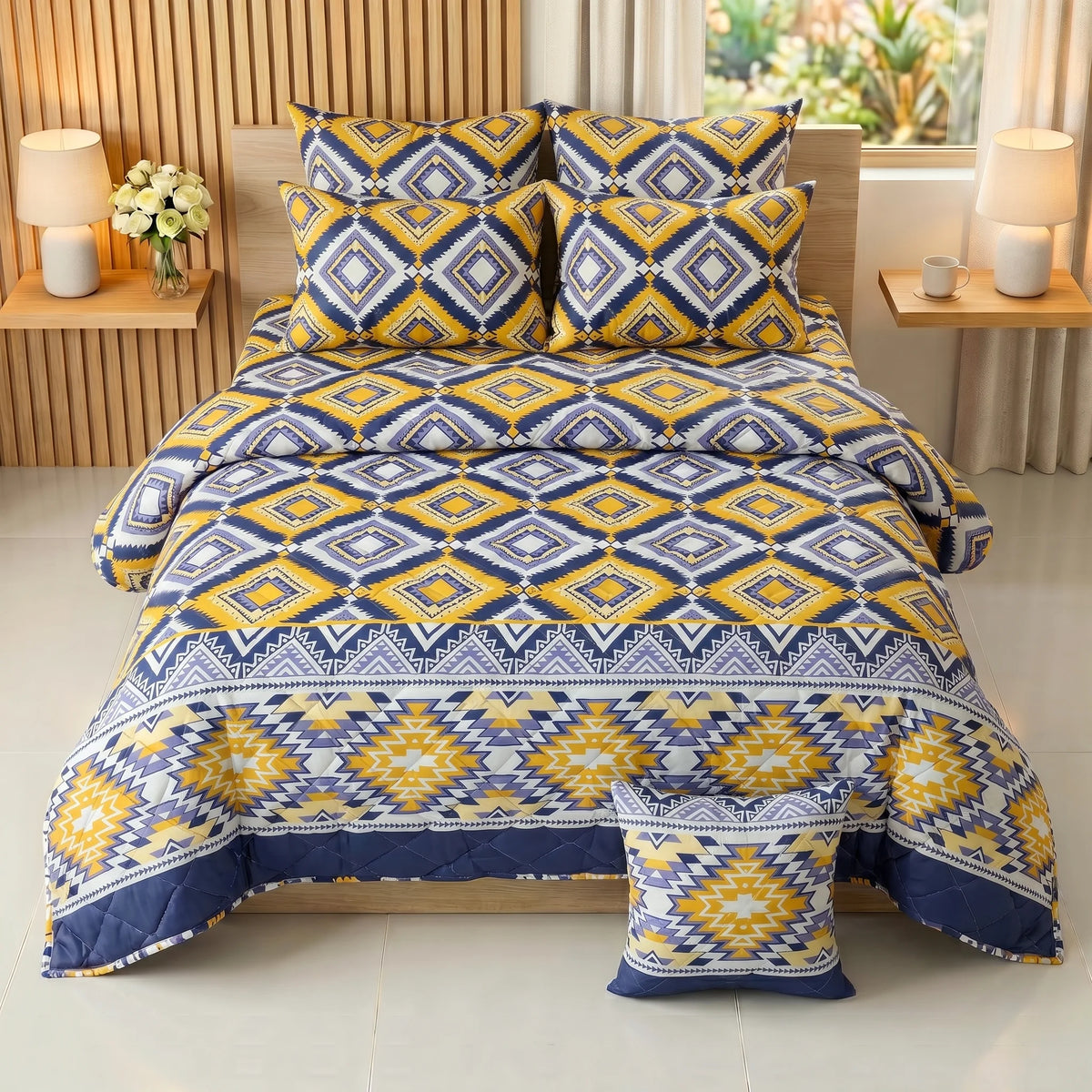 Mustard & Navy Diamond Comforter Set — 8 PCS