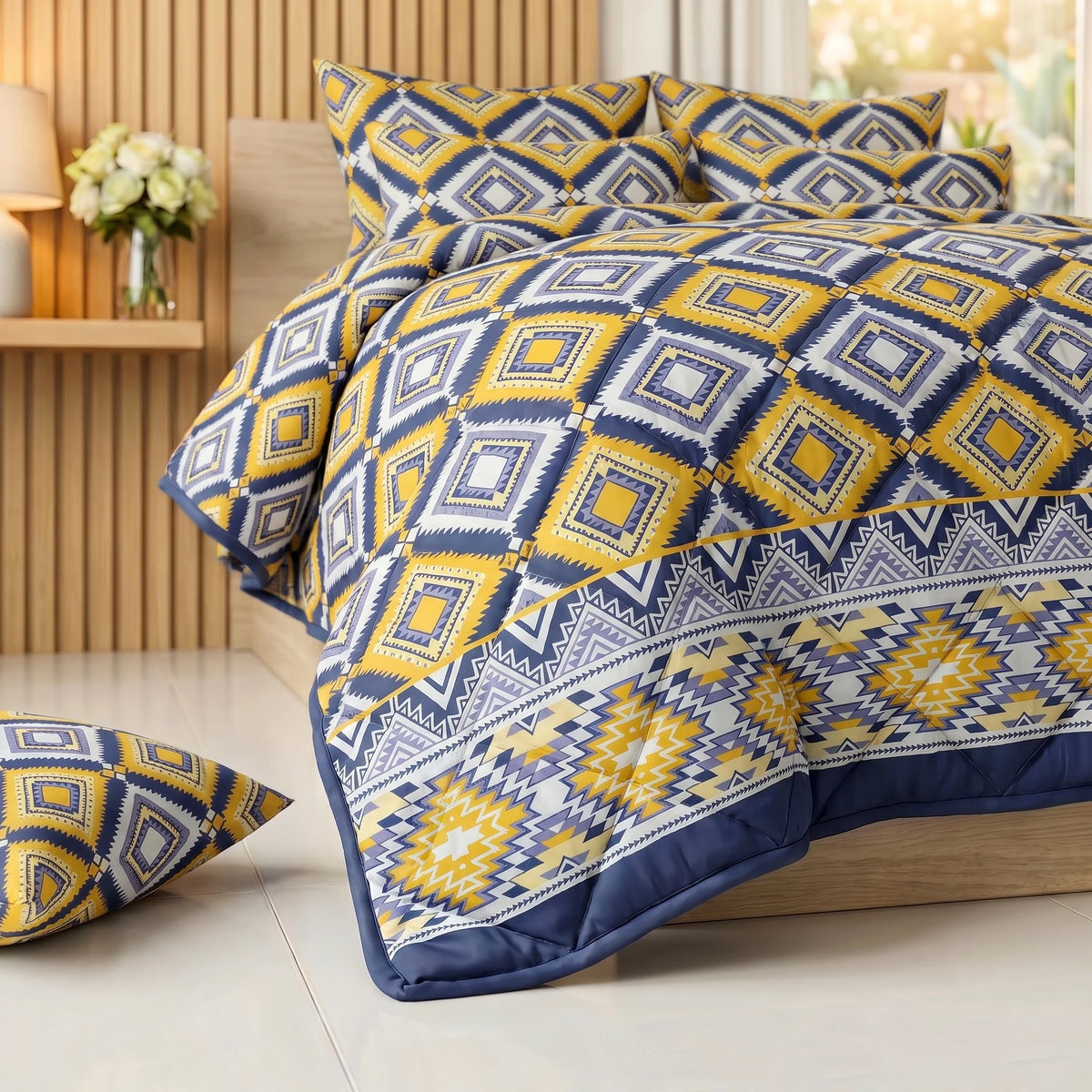 Mustard & Navy Diamond Comforter Set — 8 PCS