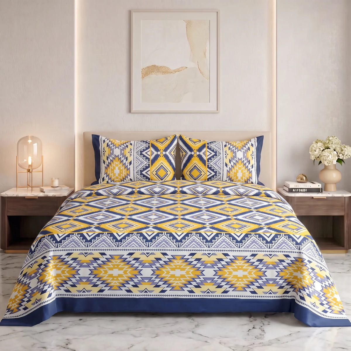Mustard & Navy Geometric Diamond Pure Cotton Bedsheet Set — 3 PCS