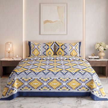 Mustard & Navy Geometric Diamond Pure Cotton Bedsheet Set — 3 PCS