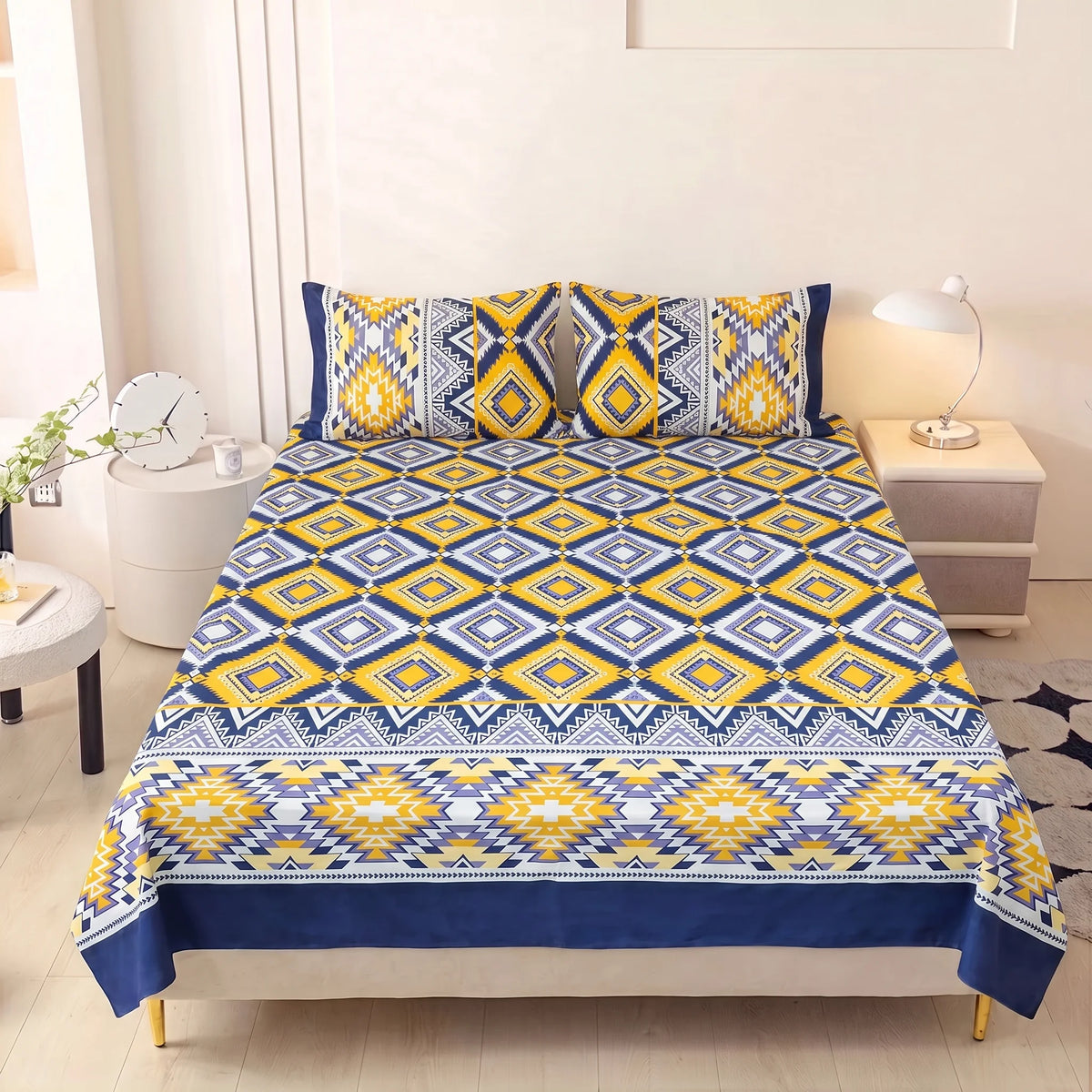 Mustard & Navy Geometric Diamond Pure Cotton Bedsheet Set — 3 PCS