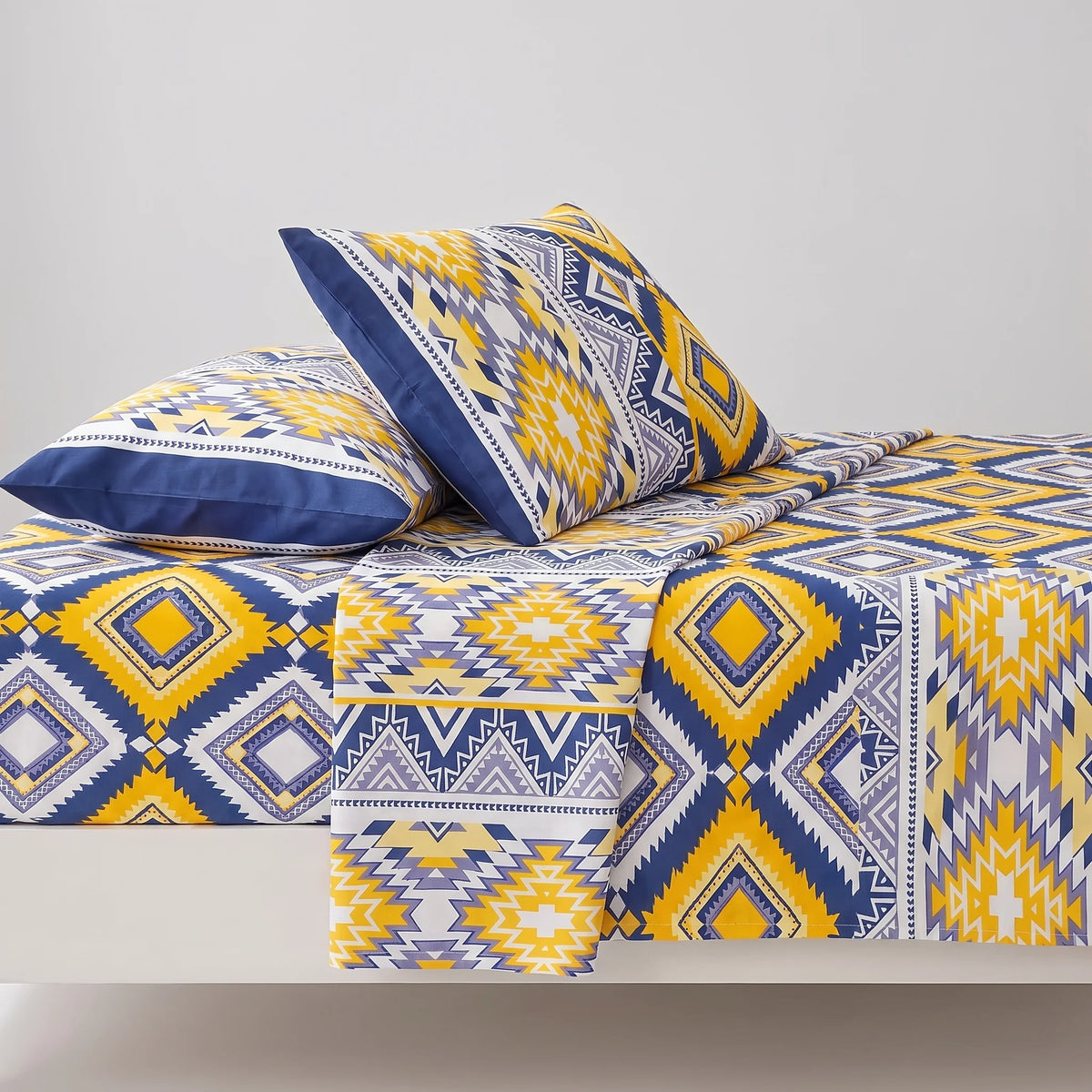 Mustard & Navy Geometric Diamond Pure Cotton Bedsheet Set — 3 PCS