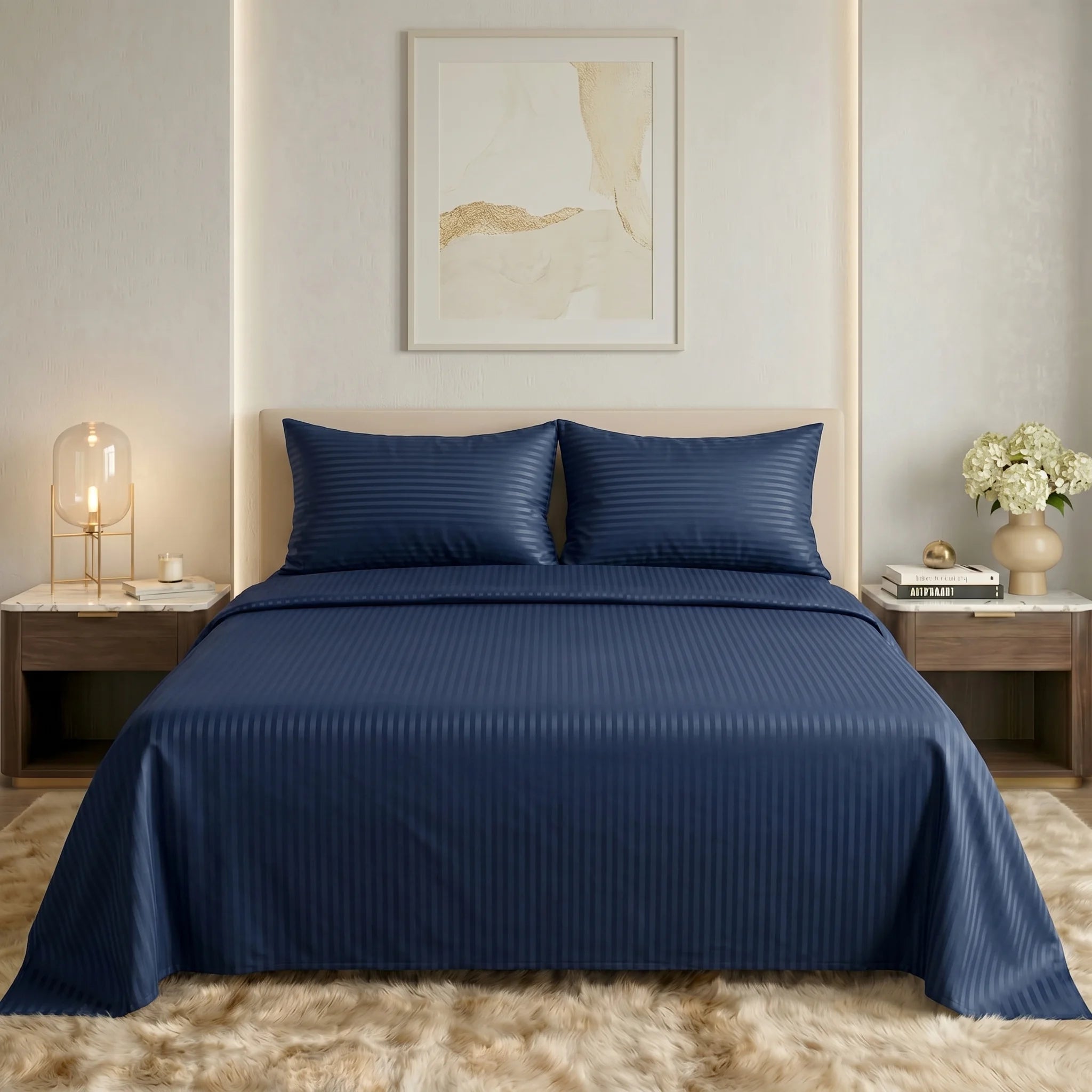 Navy Blue Dyed Stripe Bedsheet Set