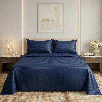 Navy Blue Dyed Stripe Bedsheet Set