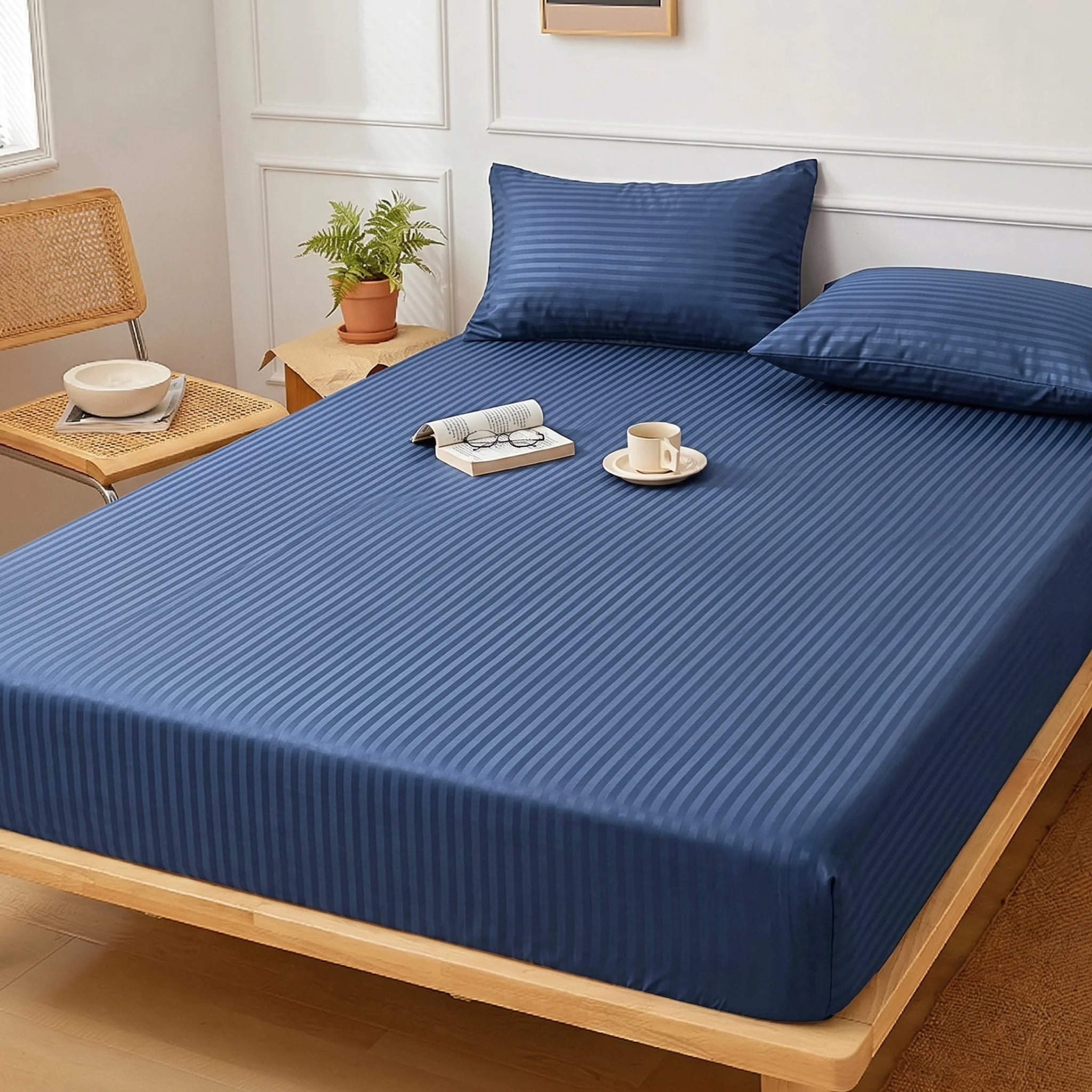 Navy Blue Dyed Stripe Fitted Sheet Set