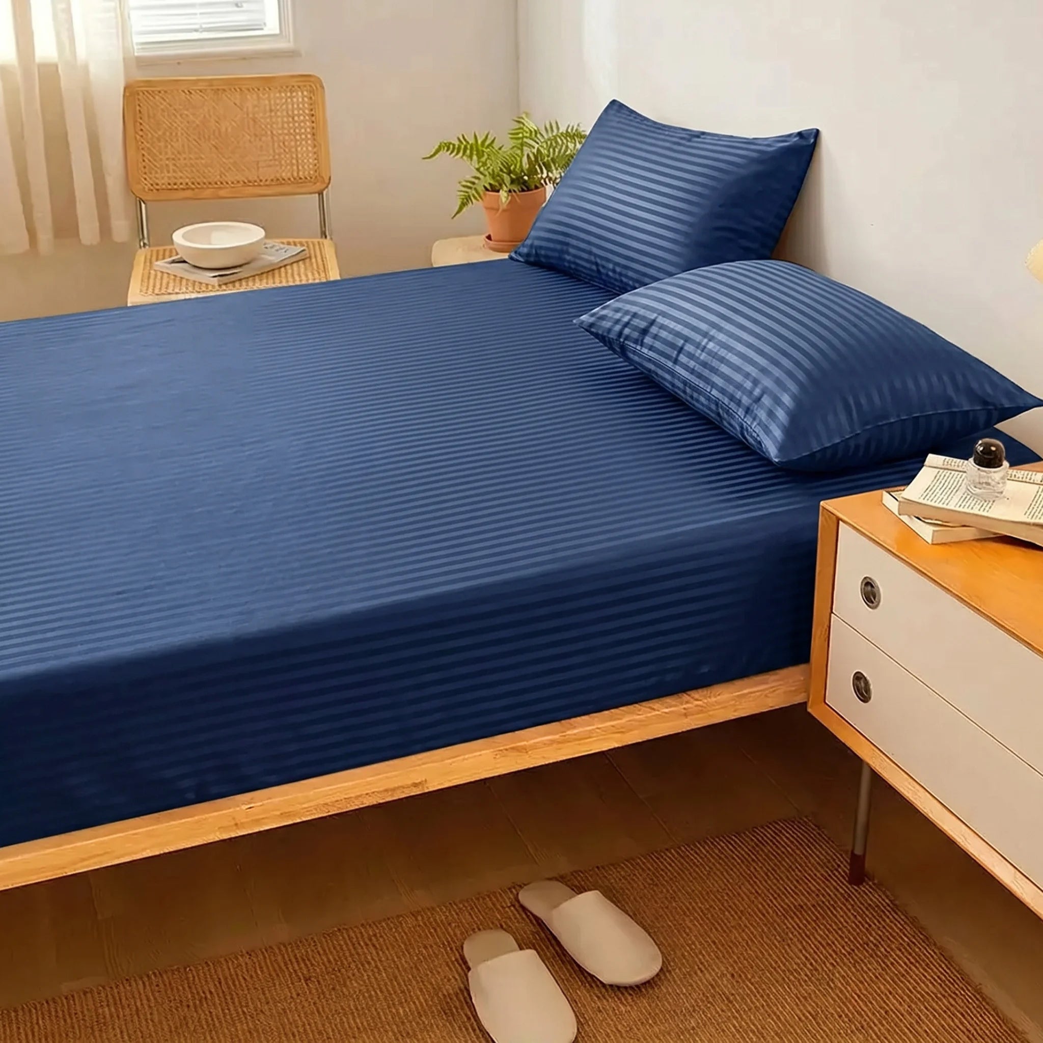 Navy Blue Dyed Stripe Fitted Sheet Set