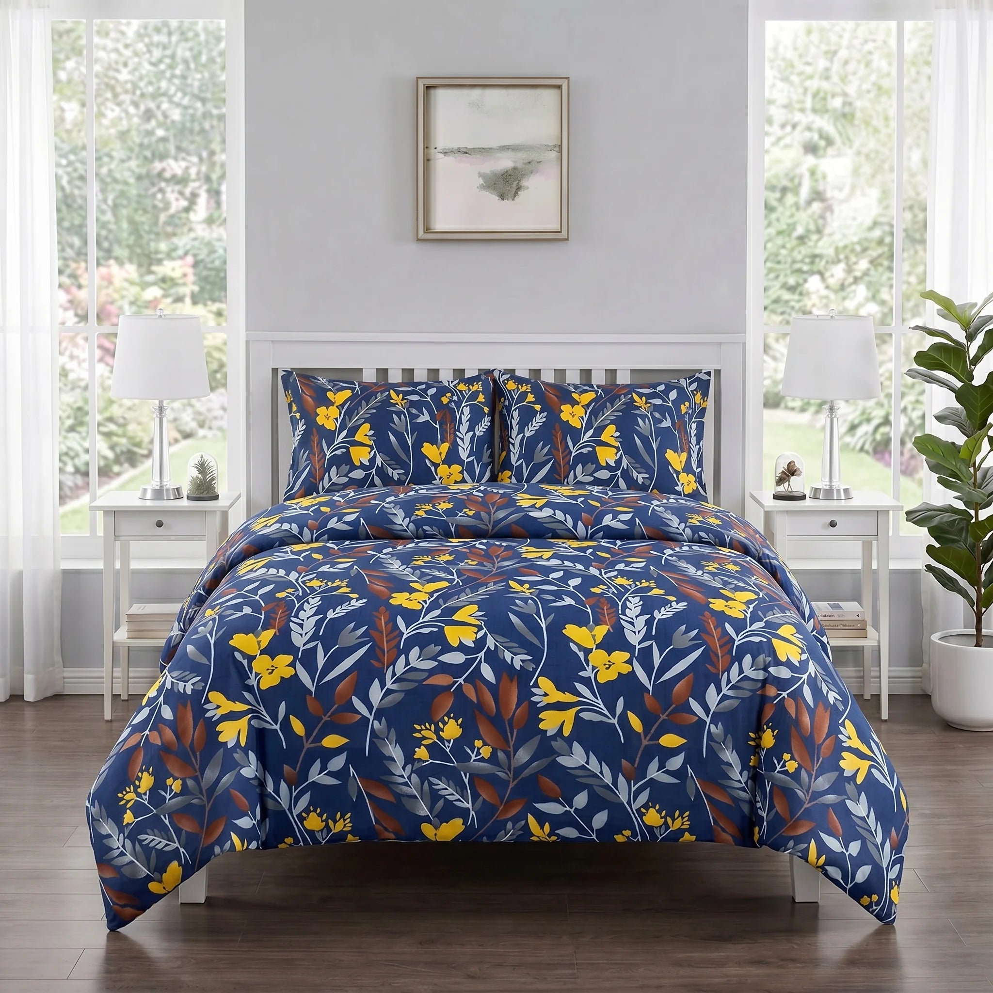 Navy Botanical Duvet Cover Set — Printed