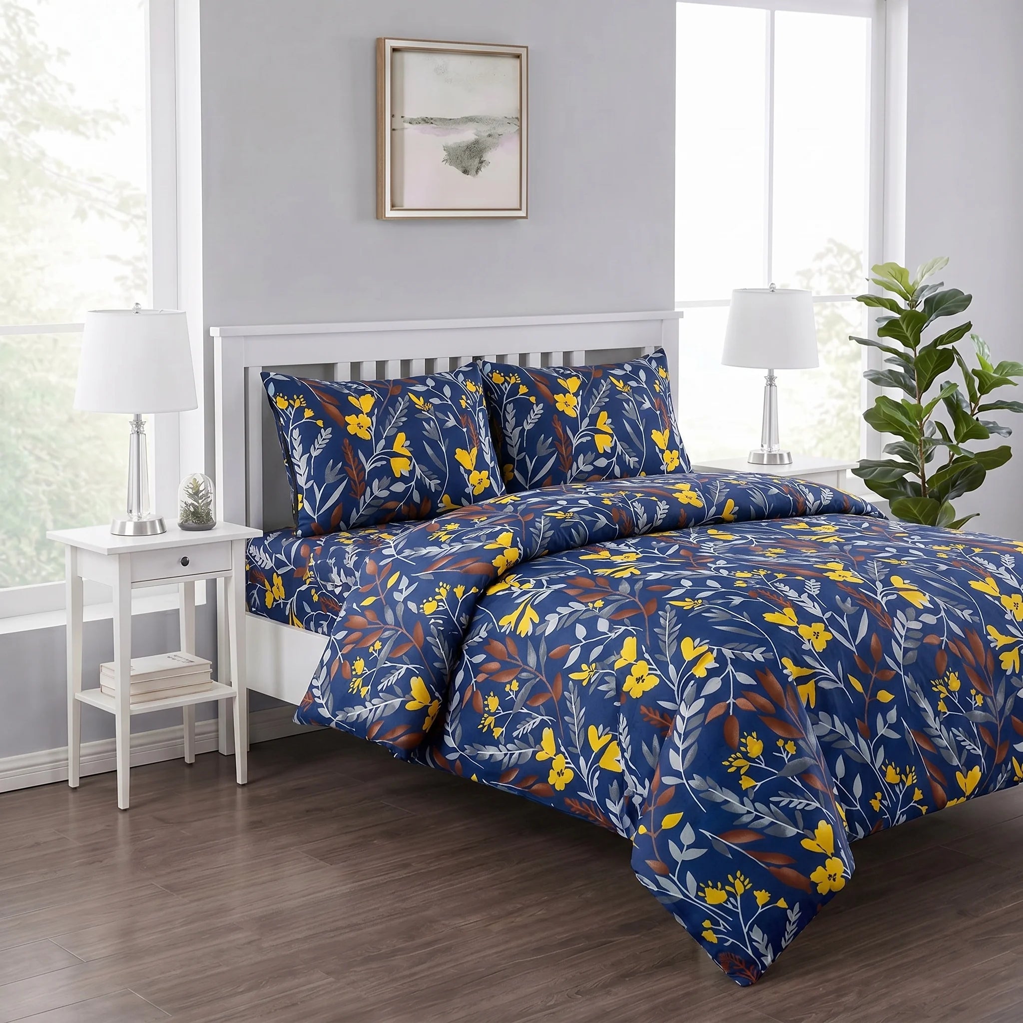 Navy Botanical Duvet Cover Set — Printed