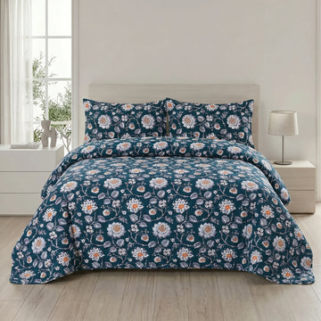Navy Floral Bed Spread Set — 3 PCS
