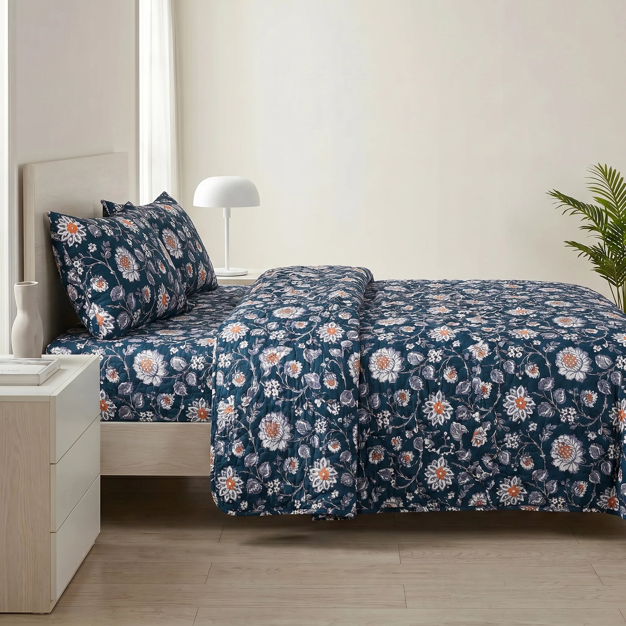 Navy Floral Bed Spread Set — 3 PCS