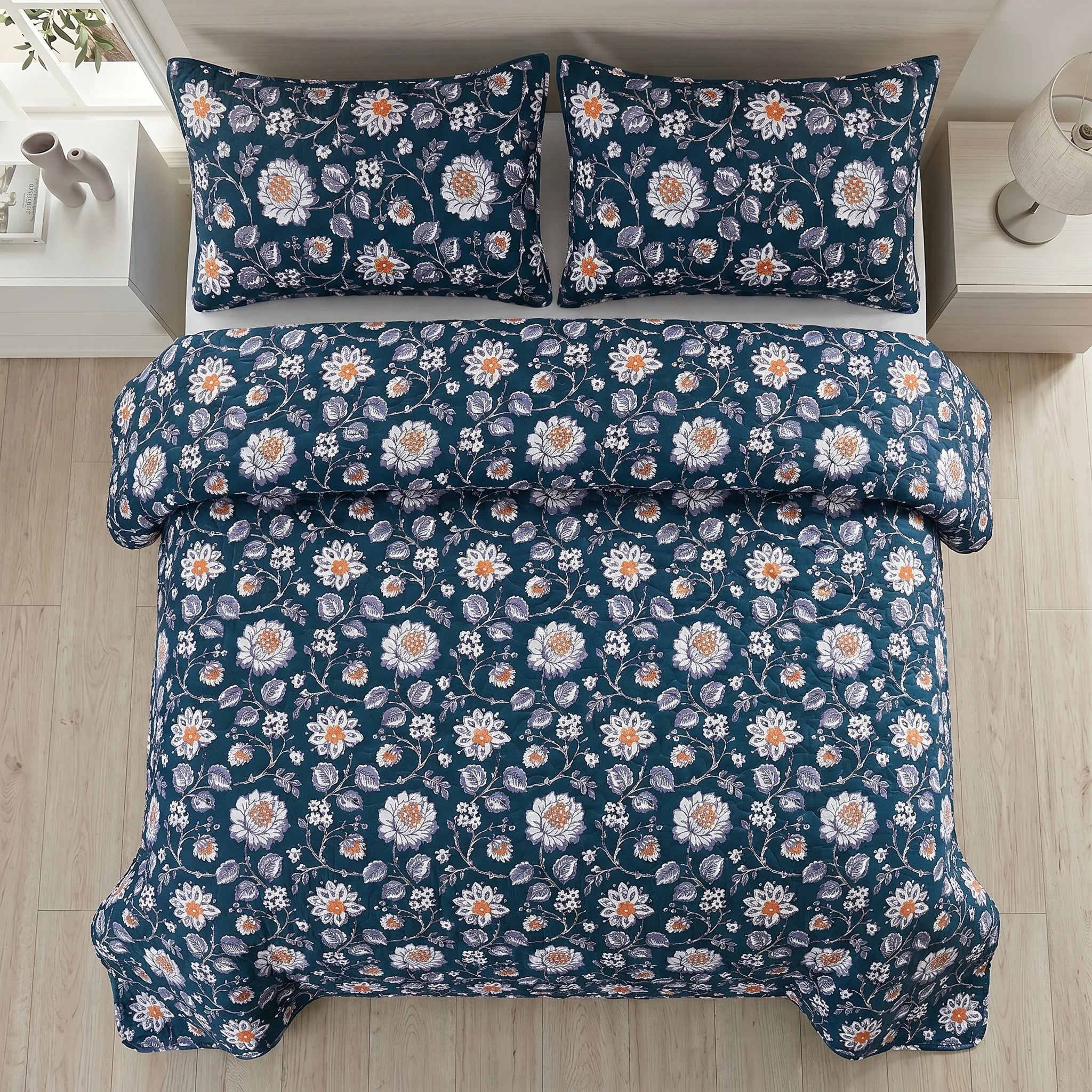 Navy Floral Bed Spread Set — 3 PCS