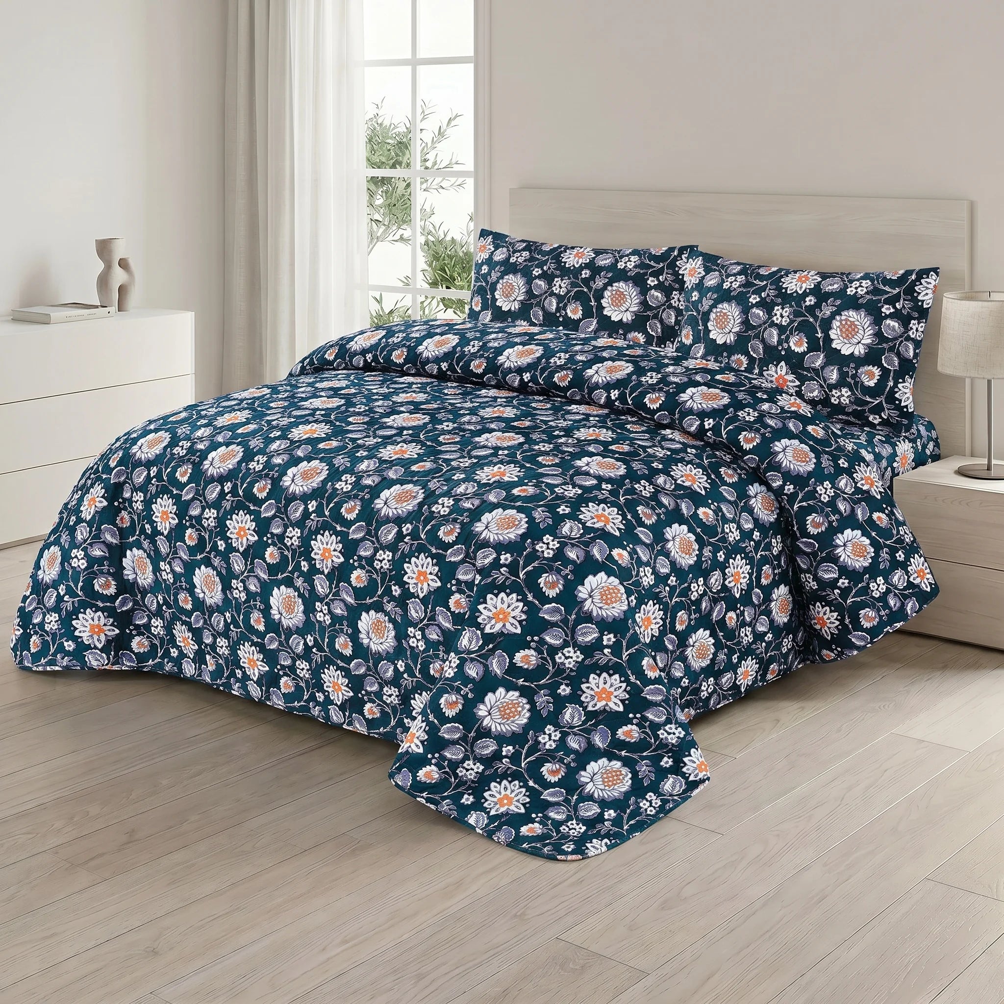 Navy Floral Bed Spread Set — 3 PCS