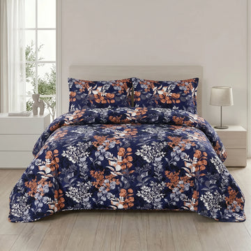Navy Leaf Bed Spread Set — 3 PCS