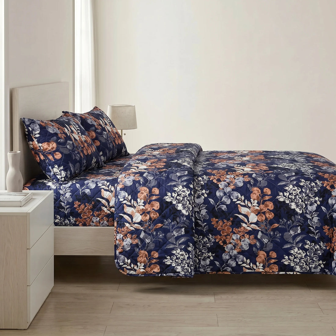 Navy Leaf Bed Spread Set — 3 PCS
