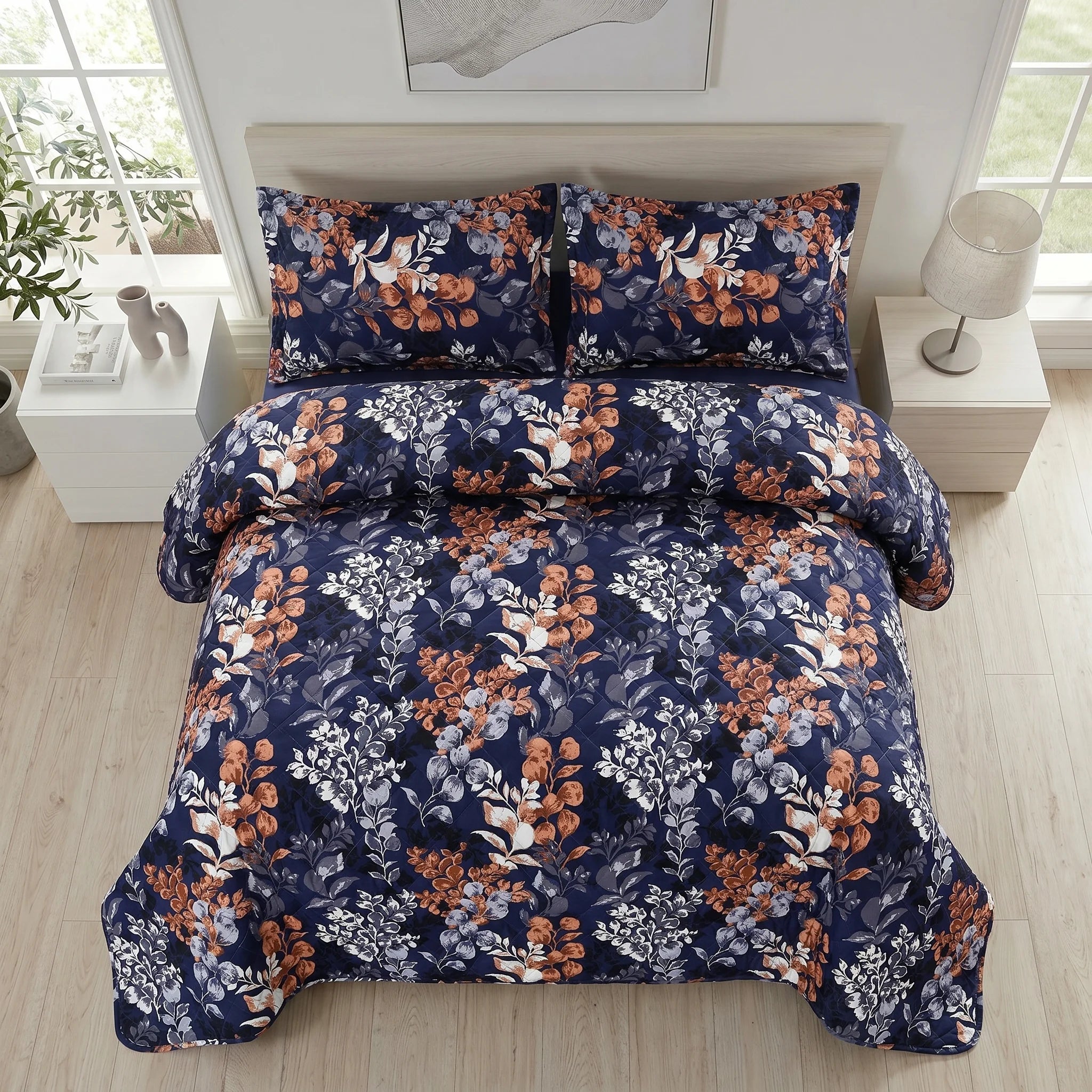 Navy Leaf Bed Spread Set — 3 PCS