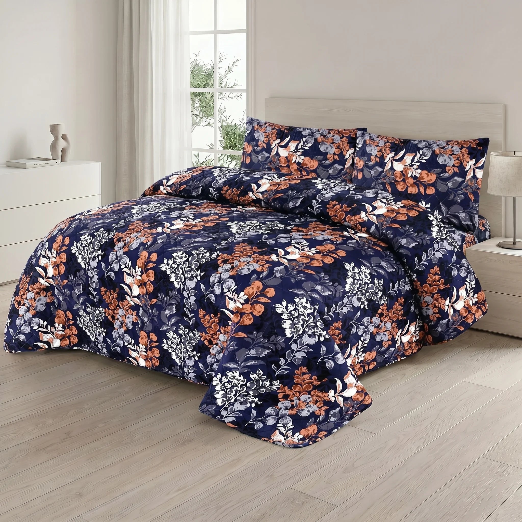 Navy Leaf Bed Spread Set — 3 PCS