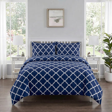 Navy Trellis Geometric Duvet Cover Set — Printed